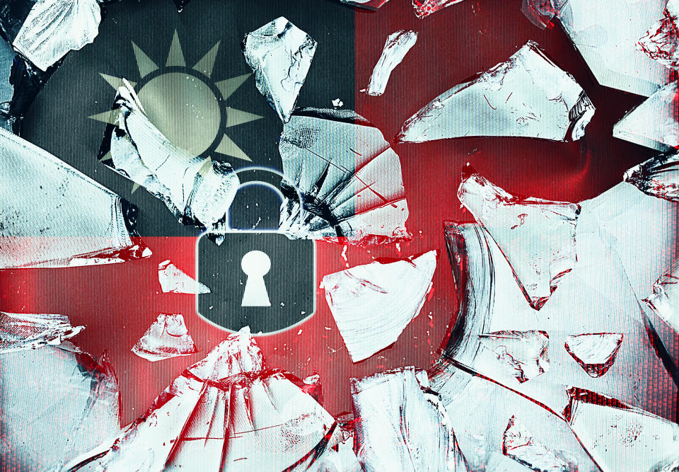 Shattered glass with padlock icon and national flag