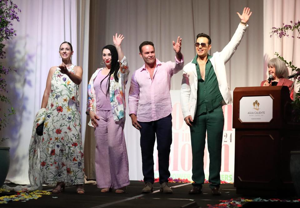 Susan Stein looks on as Kelly Rogers, Stephanie Minor, Joey Lizotte and Peter Daut address the crowd at The Joslyn Center's "Joslyn in Bloom" fashion show luncheon, held April 12, 2024.