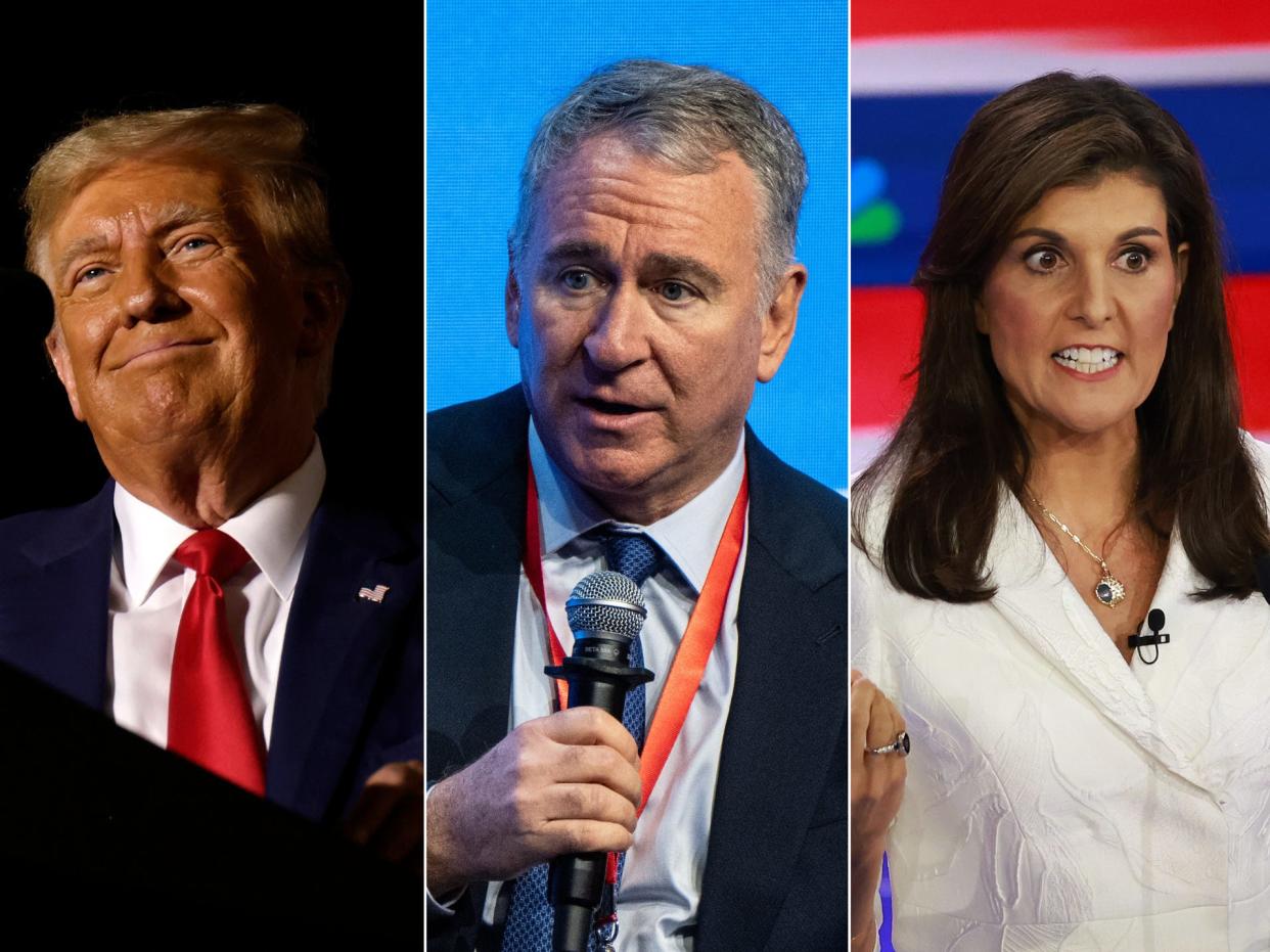 Donald Trump, Ken Griffin, and Nikki Haley speaking in different scenarios.