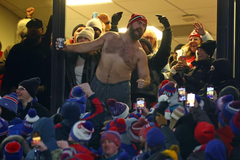 Jason Kelce reacts after the Kansas City Chiefs score against the Buffalo Bills during the first half for the 2024 AFC divisional round game at Highmark Stadium on Jan. 21, 2024.