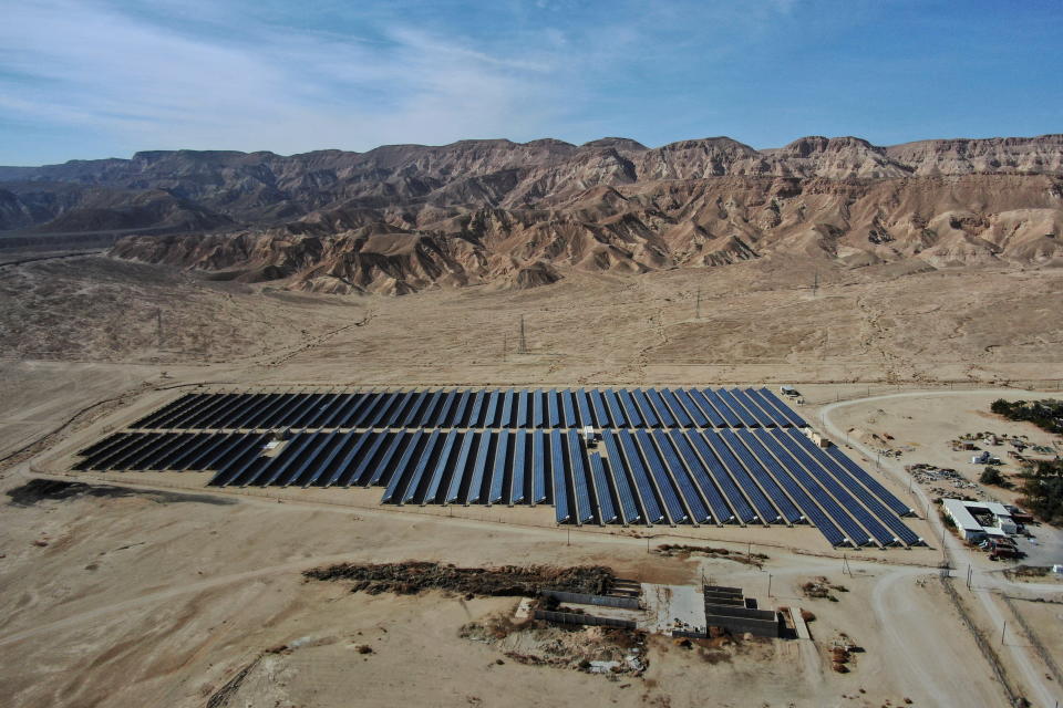 An aerial view of Augwind's commercial facility which provides a new technological solution for storing and producing energy in a shift away from fossil fuels, in favour of renewable energy sources, in Kibbutz Yahel, Israel November 30, 2021. Picture taken with a drone on November 30, 2021. REUTERS/Ammar Awad