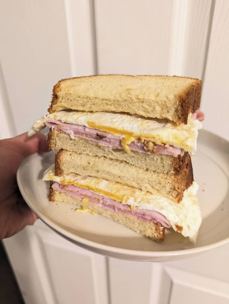 Sandwich with eggs and meat.