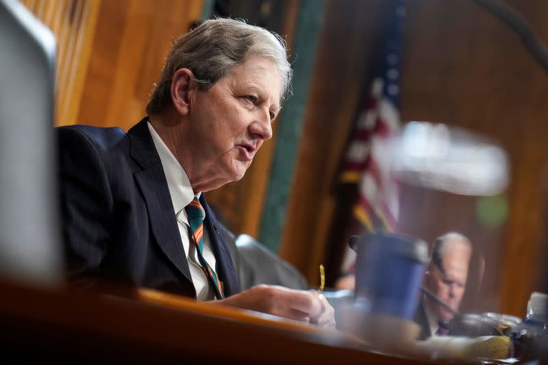 Senator John Kennedy (R-LA) questions judicial nominees during a hearing before the Senate Judiciary Committee on Capitol Hill in Washington