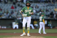 Oakland Athletics' Sean Manaea stands on the mound after giving up an RBI-single to San Diego Padres' Jake Cronenworth during the first second inning of a baseball game in Oakland, Calif., Tuesday, Aug. 3, 2021. (AP Photo/Jed Jacobsohn)