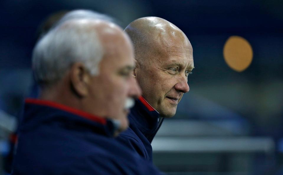 Blue Jackets president John Davidson, left, and general manager Jarmo Kekalainen announced the dismissal of coach Brad Larsen Saturday morning.