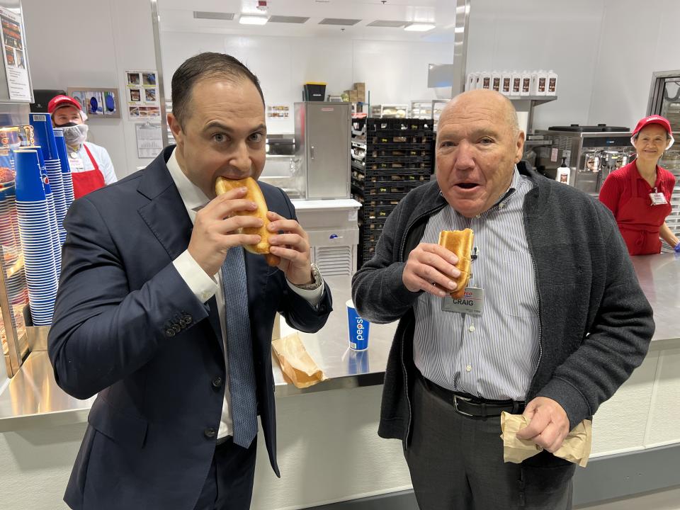 Obsessed with the $1.50 hot dog/soda combo at Costco like Brian Sozzi (left)? You can thank Costco CEO Craig Jelinek (right) for not raising the price of the combo, despite sky-high inflation. 