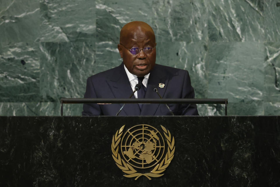 President of Ghana Nana Akufo-Addo addresses the 77th session of the United Nations General Assembly, at U.N. headquarters, Wednesday, Sept. 21, 2022. (AP Photo/Jason DeCrow)