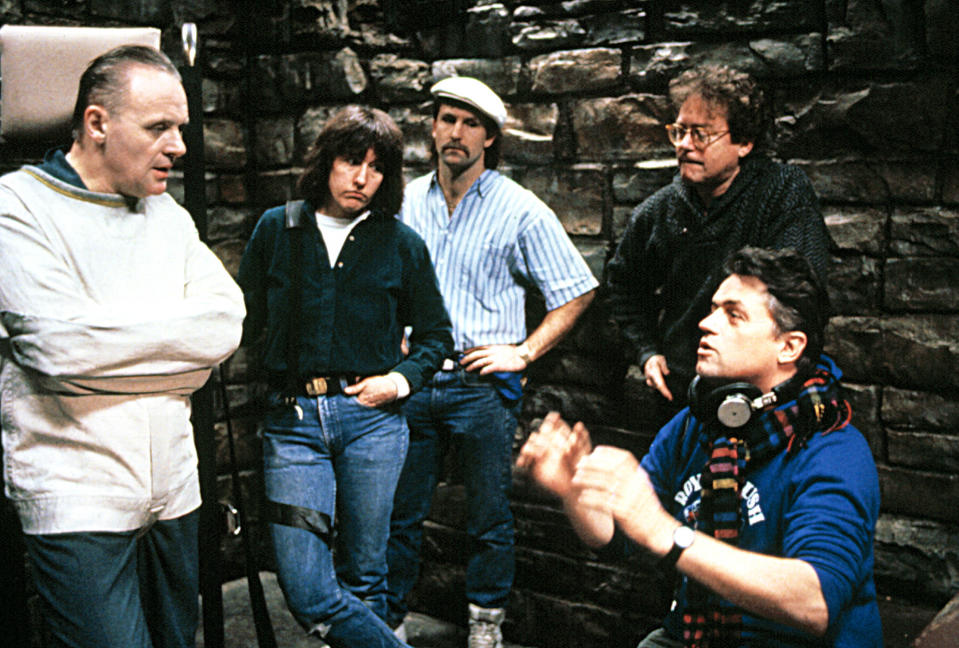 Anthony Hopkins (left) and director Jonathan Demme on the set of The Silence of the Lambs