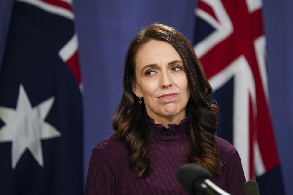 New Zealand Prime Minister Jacinda Ardern reacts during a joint press conference with Australian Prime Minister Anthony Albanese in Sydney, Australia, Friday, June 10, 2022. Ardern is on a two-day visit to Australia. (AP Photo/Mark Baker)