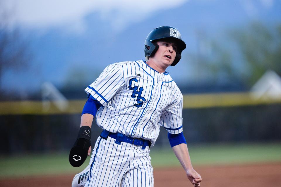 Carbon’s Tyrus Madsen (10) runs during the 3A boys baseball quarterfinals at Kearns High School in Kearns on May 11, 2023. | Ryan Sun, Deseret News