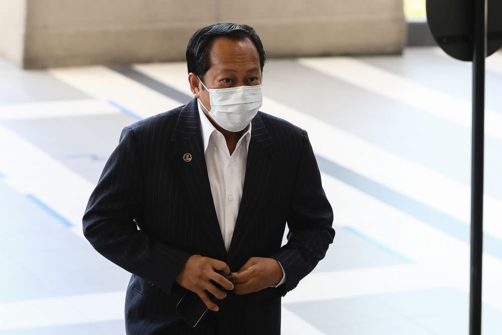 Umno secretary-general Datuk Seri Ahmad Maslan is pictured at the Kuala Lumpur High Court March 11, 2021. — Picture by Yusof Mat isa