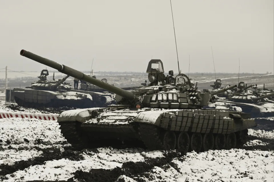 Russian tanks take part in drills.