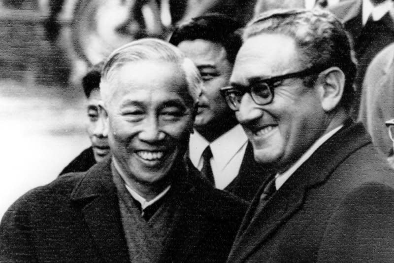 National security adviser Henry Kissinger (R) and Hanoi's Lo Duc Tho shake hands following their January 23, 1973, meeting at the International Conference Center in Paris. On May 3, 1968, the United States and North Vietnam agreed to hold peace talks in Paris. UPI File Photo
