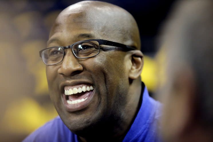 Warriors acting head coach Mike Brown found plenty to laugh about before Game 2. (AP)