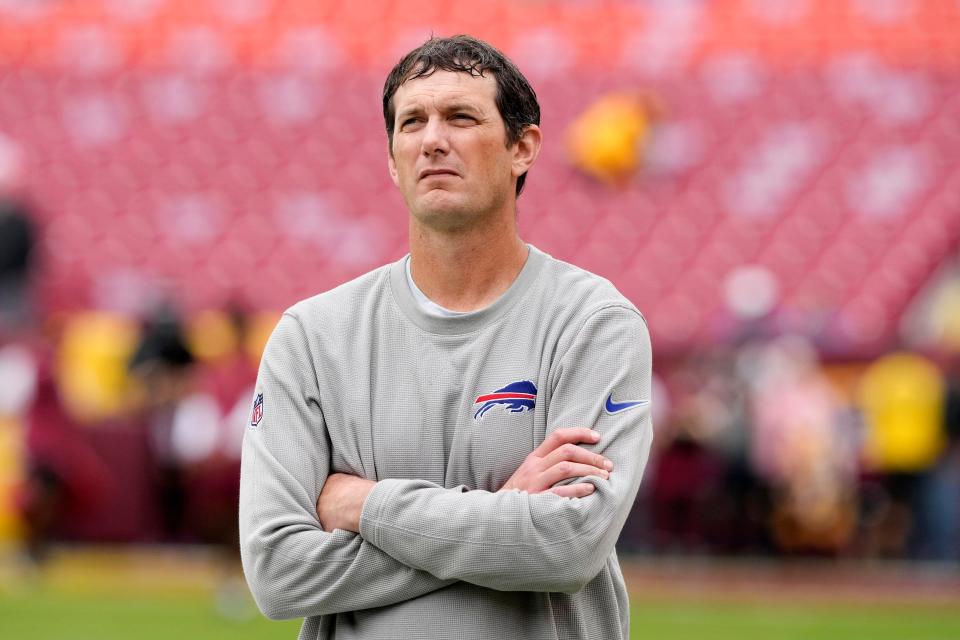 FILE - Buffalo Bills offensive coordinator Ken Dorsey stands on the field before the start of an NFL football game against the Washington Commanders, Sunday, Sept. 24, 2023, in Landover, Md. On Wednesday, Oct. 18, 2023, Bills quarterback Josh Allen raised his voice in support of Dorsey, who is getting piled on for Buffalo's suddenly sputtering offense. (AP Photo/Andrew Harnik, File)