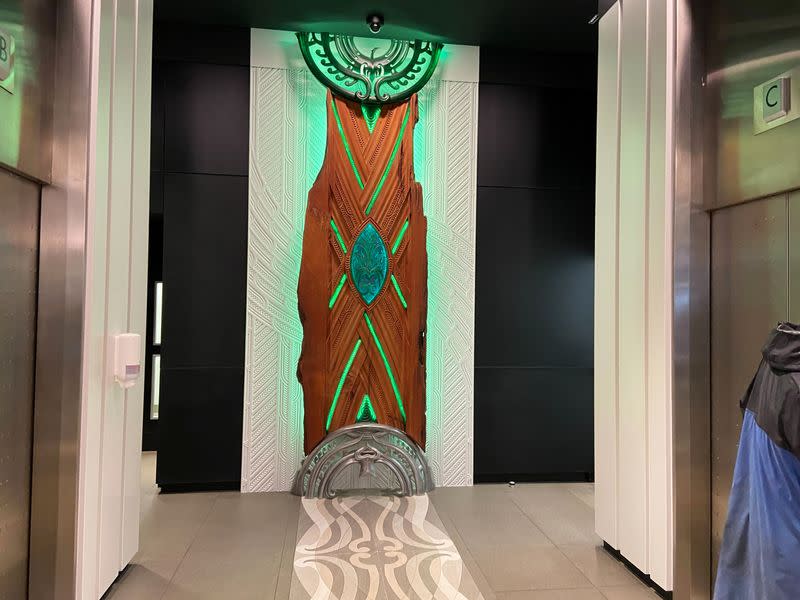 Art installation of Maori forest god Tane Mahuta on display at the lobby of New Zealand's Central Bank building in Wellington