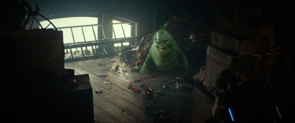 Slimer in a trash pile in Columbia Picturesâ€™ GHOSTBUSTERS: FROZEN EMPIRE.