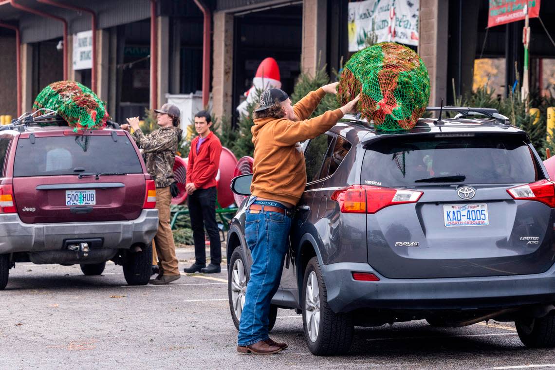 Christmas tree farm workers strap trees to the roof of cars at the State Farmers Market in Raleigh Friday, Nov. 25, 2022. The market was busy with families buying Christmas Trees after the Thanksgiving holiday.
