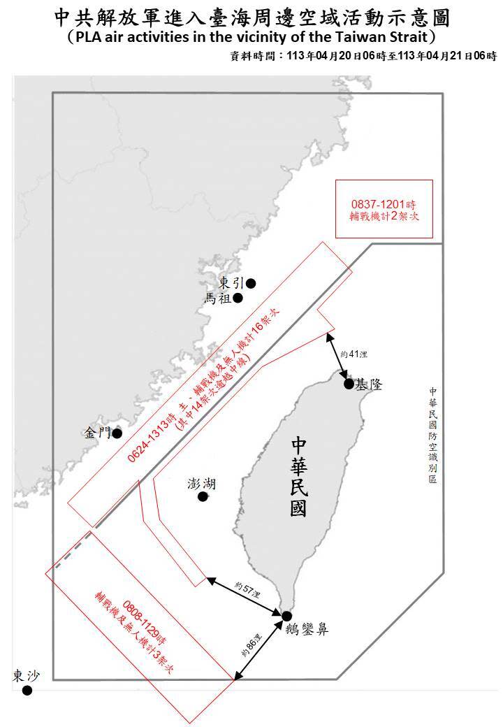 國防部公布自20日上午6時至今天(21日)上午6時止，偵獲共機21架次(其中逾越海峽中線及進入北部及西南空域17架次)，共艦7艘次在台海周邊活動。(國防部提供)