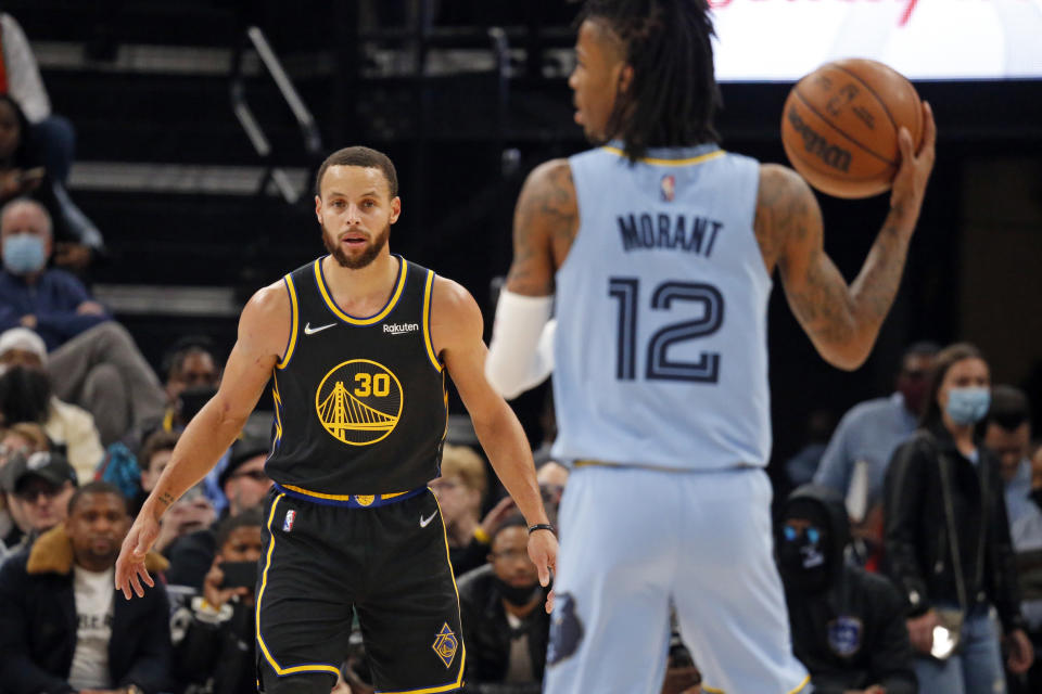 Stephen Curry與Ja Morant兩世代後衛球星季後賽正面對決。（Petre Thomas-USA TODAY Sports）