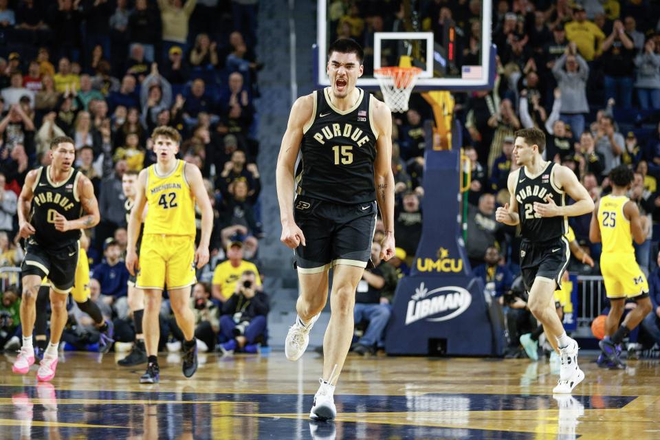Zach Edey of the Purdue Boilermakers reacts after a basket in the first half of a game against the Michigan Wolverines at Crisler Arena on Sunday, Feb. 25, 2024, in Ann Arbor, Michigan.