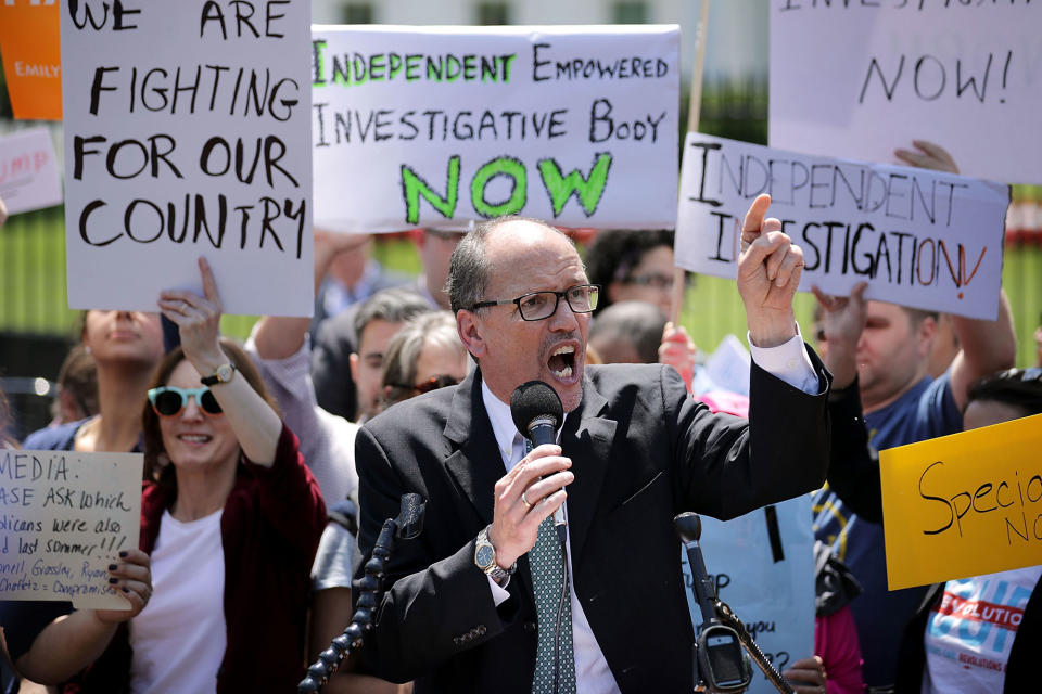 <p>Democratic National Party Chirman Tom Perez speaks as about 300 people rally to protest against President Donald Trump’s firing of Federal Bureau of Investigation Director James Comey outside the White House May 10, 2017 in Washington, DC. Trump fired Comey a day earlier, demonstrators called it the ‘Tuesday Night Massacre,’ recalling former President Richard Nixon’s firing of a independent special prosecutor. (Chip Somodevilla/Getty Images) </p>