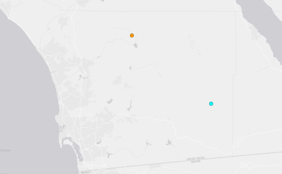 Earthquake strikes near Ocotillo Wells in San Diego County. The orange dot shows where Sunday's earthquake hit. The blue dot represents Monday's earthquake in East County (Courtesy: United States Geological Survey)