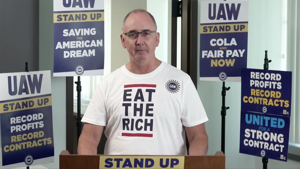 Shawn Fain speaking on Facebook Live in October 6, three weeks into the auto strike. - From UAW International Union