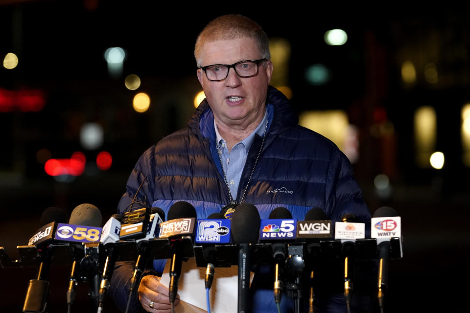 Wauwatosa Police chief Barry Weber speaks at a news conference, Friday, Nov. 20, 2020, in Wauwatosa, Wis. Multiple people were shot Friday afternoon at the Mayfair Mall in Wauwatosa, Wis., and police are still searching for the shooter. (AP Photo/Nam Y. Huh)