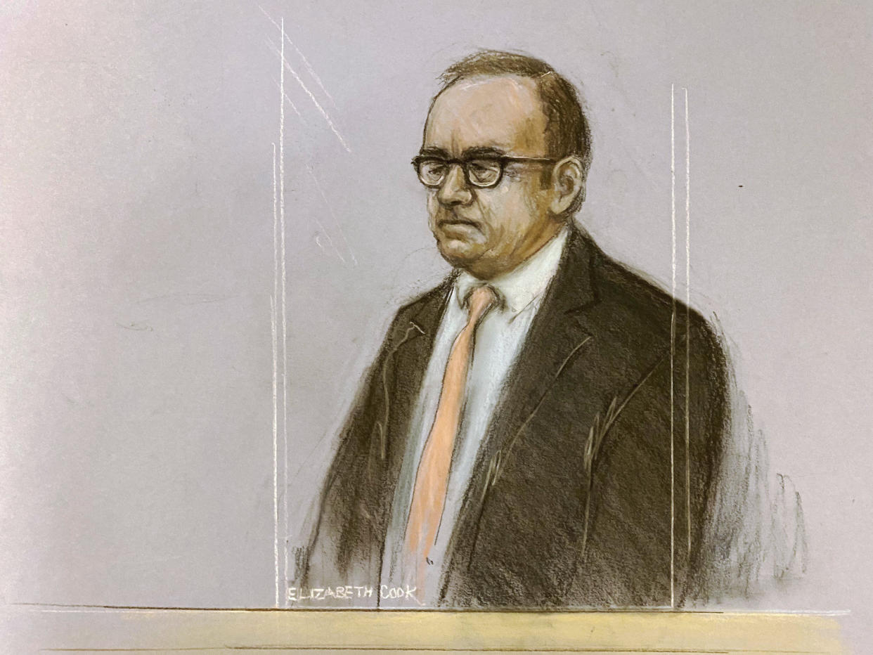 This court artist sketch by Elizabeth Cook shows actor Kevin Spacey appearing at Southwark Crown Court, London, Wednesday June 28, 2023. Two-time Oscar winner Kevin Spacey walked into a London courtroom Wednesday to face trial on charges of sexually assaulting four men as long as two decades ago. (Elizabeth Cook/PA via AP)