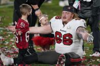 Tampa Bay Buccaneers center Ryan Jensen celebrates after their NFL Super Bowl 55 football game against the Kansas City Chiefs, Sunday, Feb. 7, 2021, in Tampa, Fla. (AP Photo/Gregory Bull)