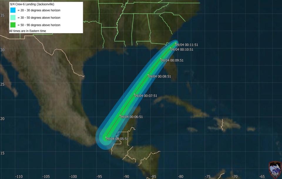 This graphic provided by NASA shows the path of the Crew-6 Dragon Endeavour capsule as it returned for a splashdown landing off the coast of Jacksonville, Florida, early Monday, September 4, wrapping up a nearly six-month-long science mission aboard the International Space Station for three astronauts and one Russian cosmonaut.