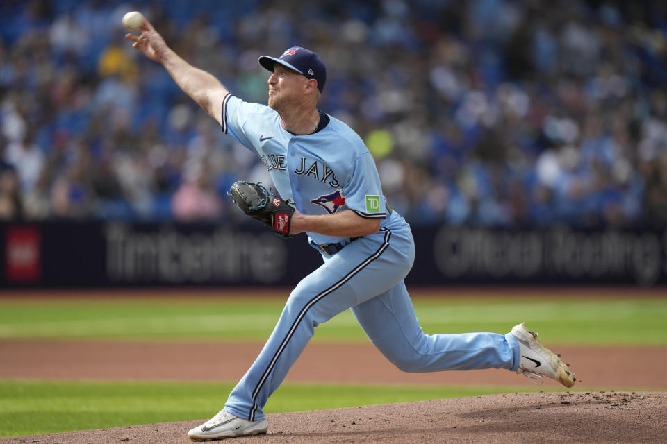 Toronto Blue Jays starting pitcher Wes Parsons throws against the Tampa Bay Rays during first-inning baseball game action in Toronto, Sunday, Oct. 1, 2023. (Frank Gunn/The Canadian Press via AP)