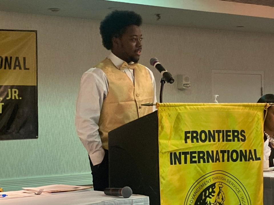 Jeffrey Elms, president of the Junior Frontiers, makes remarks at the at the 47th annual Martin Luther King Jr. Memorial Breakfast at the Springfield Wyndham City Centre Monday. The breakfast is put on by the Springfield Frontiers International Club. The Junior Frontiers club is for high schoolers.