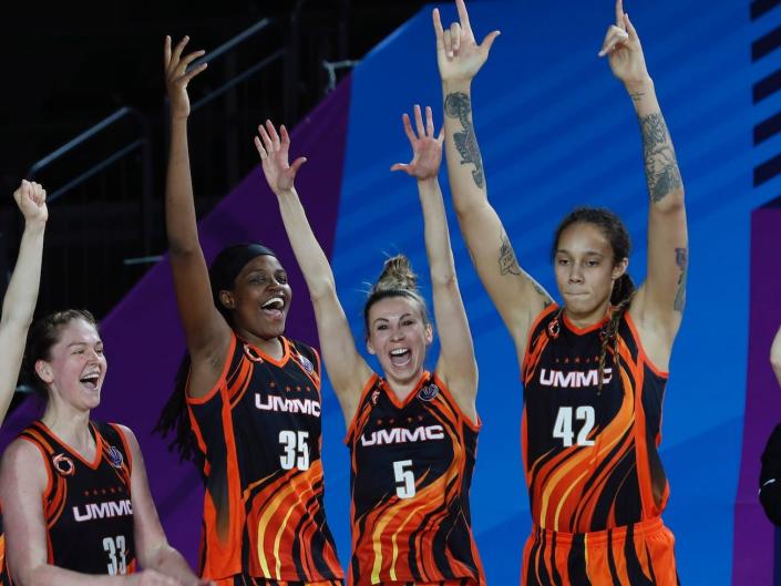 Brittney Griner and UMMC Ekaterinburg celebrate winning the EuroLeague.