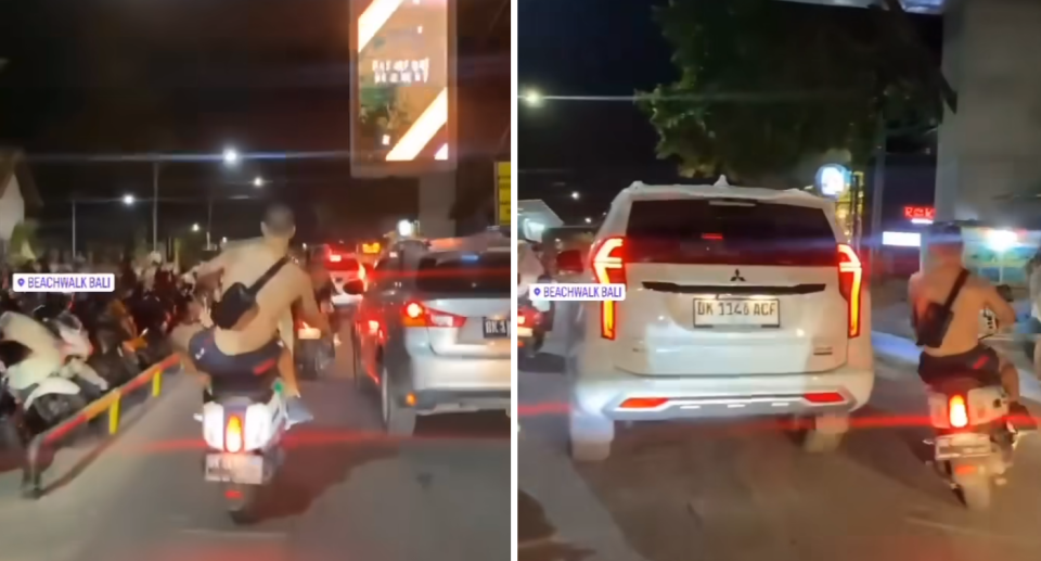 The man on a scooter doing a wheelie (left) and moving in front of traffic (right).