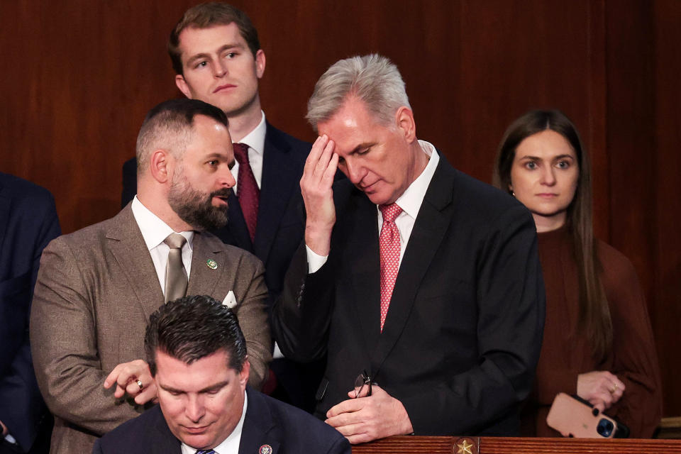 Rep.-elect Cory Mills, R-Fla., talks to House Republican Leader Kevin McCarthy, R-Calif., during the third day of elections for Speaker of the House on Jan. 5, 2023. (Win McNamee / Getty Images)