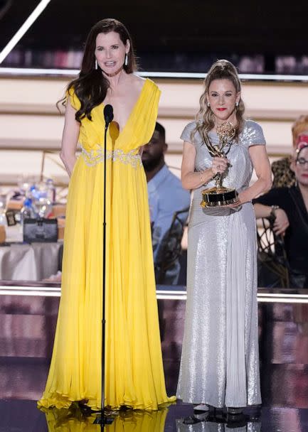 PHOTO:  Geena Davis, left, and Madeline Di Nonno accept the Governors award on behalf of the Geena Davis Institute on Gender in Media at the 74th Primetime Emmy Awards on Sept. 12, 2022, at the Microsoft Theater in Los Angeles. (Mark Terrill/Invision via AP)