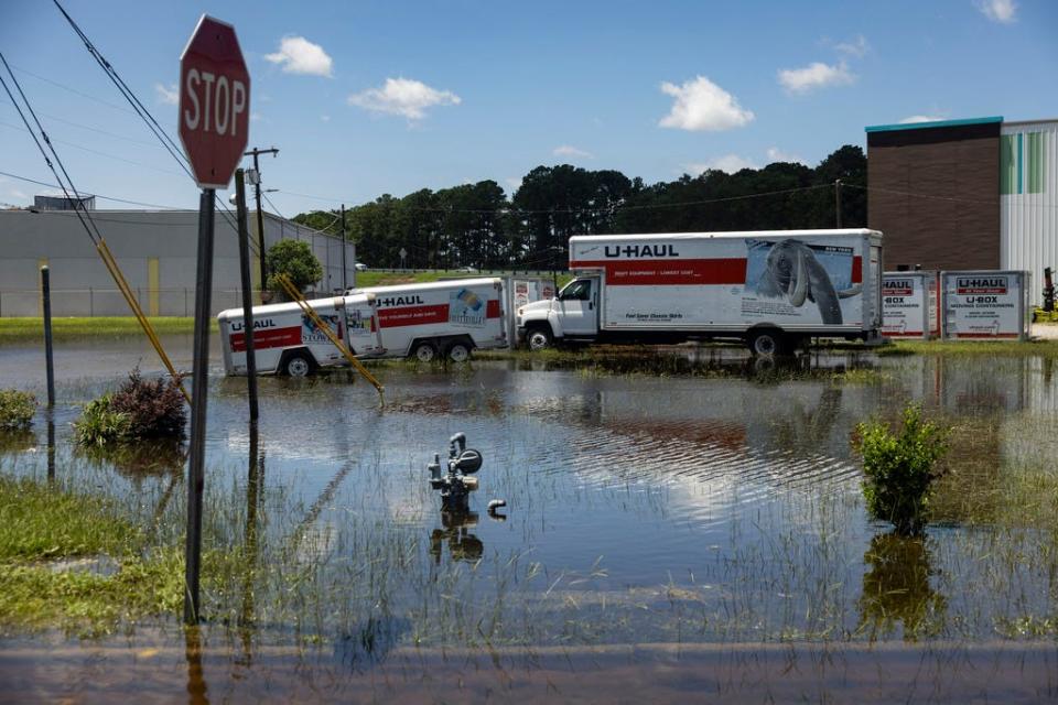 A U-Haul rental center is flooded after the passage of Tropical Storm Debby in Savannah, Georgia, on Thursday, August 8, 2024. Tropical Storm Debby made its second landfall in the United States on August 8, the National Hurricane Center said, days after it lashed southeastern parts of the country.