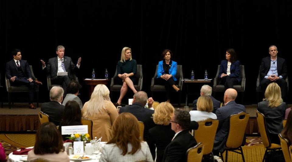 Candidates for governor at a recent forum. From left: Luis Daniel Muñoz, incumbent Dan McKee, Republican Ashley Kalus, Nellie Gorbea, Helena Foulkes and Matt Brown.