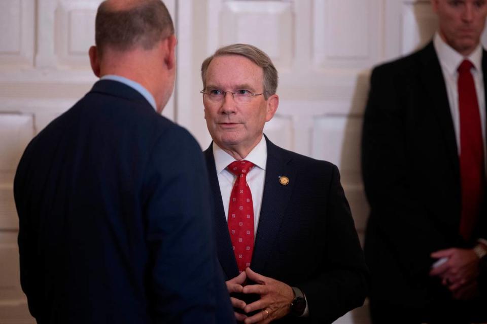 North Carolina Senate Majority Leader Paul Newton talks with guests prior to a luncheon in honor of Japanese Prime Minister Fumio Kishida on Friday, April 12, 2024 at the Executive Mansion in Raleigh, N.C.