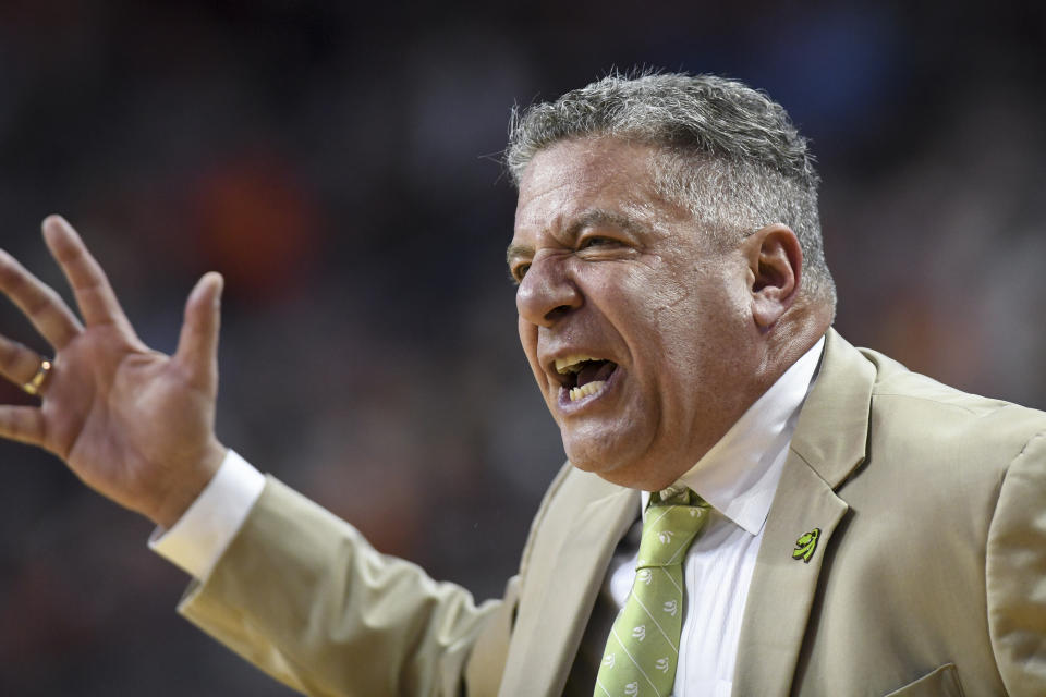 Auburn coach Bruce Pearl reacts to a play during the first half of the team's NCAA college basketball game against Mississippi on Tuesday, Feb. 25, 2020, in Auburn, Ala. (AP Photo/Julie Bennett)