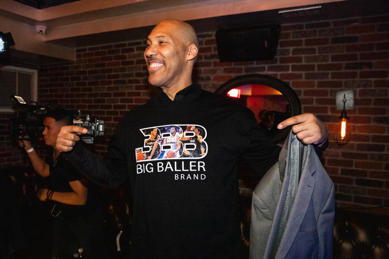 LaVar Ball shows off his custom Big Baller Brand shirt at LiAngelo Ball's 21st Birthday Party at Argyle club on November 23, 2019 in Hollywood, California. (Photo by Cassy Athena/Getty Images)