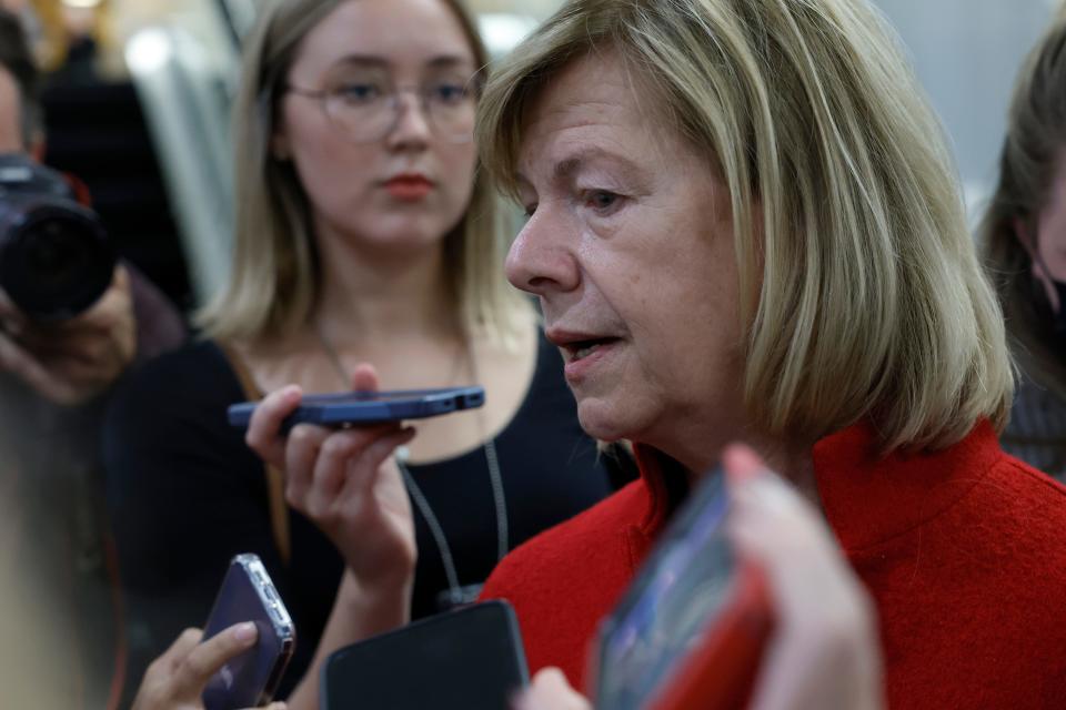 WASHINGTON, DC - SEPTEMBER 08: Sen. Tammy Baldwin (D-WI)  speaks to reporters in the Senate Subway during a vote in the U.S. Capitol on September 08, 2022 in Washington, DC. Senators are working towards an agreement on a short-term spending bill to fund the government and avoid a potential shutdown at the end of the month, as well as take up the Marriage Equality Bill. (Photo by Anna Moneymaker/Getty Images) ORG XMIT: 775867790 ORIG FILE ID: 1421995977