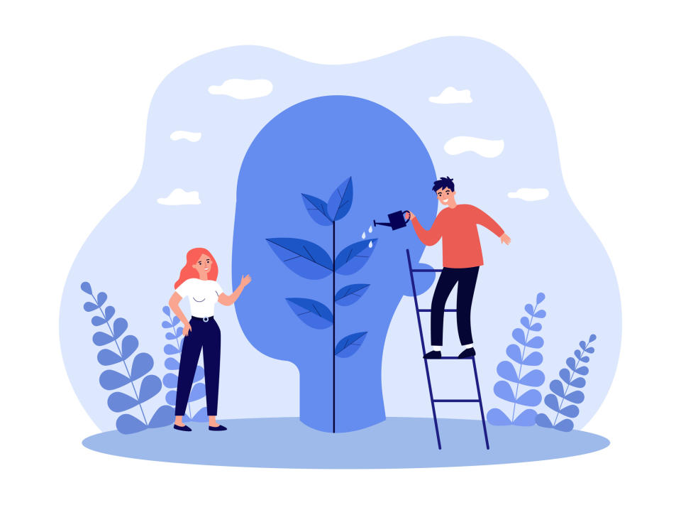 Illustration of two people watering the tree of someone's mind, representative of healing with support