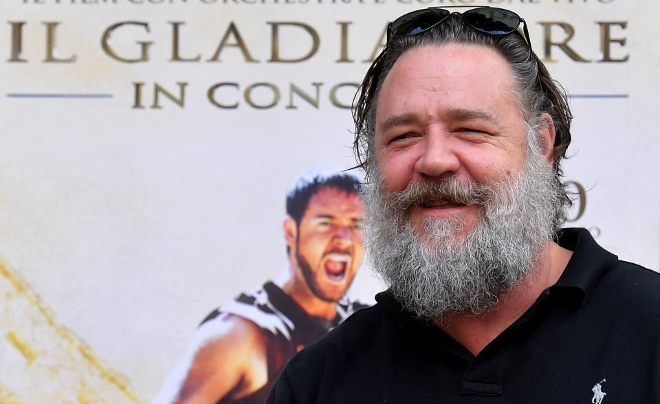 New Zealand's actor Russell Crowe poses during a photocall promoting the charity screening of the award-winning 2000-released blockbuster 