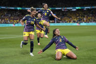 Colombia's Manuela Vanegas, right, celebrates after scoring her side's second goal during the Women's World Cup Group H soccer match between Germany and Colombia at the Sydney Football Stadium in Sydney, Australia, Sunday, July 30, 2023. (AP Photo/Rick Rycroft)