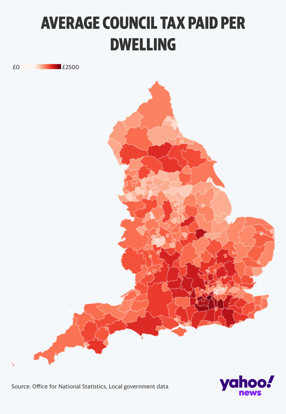 Average council tax paid per dwelling in England. (Yahoo News UK/Flourish)