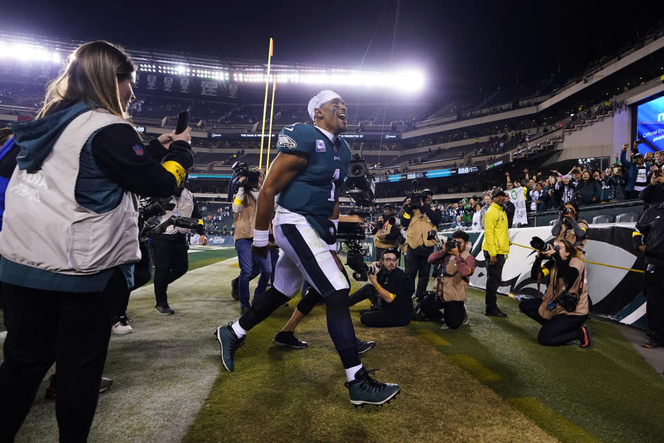 Philadelphia Eagles' Jalen Hurts leaves the field after defeating the Dallas Cowboys in an an NFL football game Sunday, Oct. 16, 2022, in Philadelphia. (AP Photo/Matt Rourke)