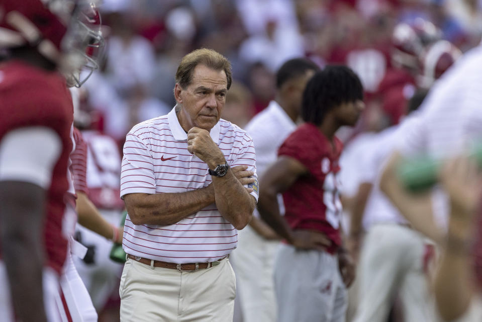 FILE - Alabama head coach Nick Saban watches warmups at an NCAA college football game against Utah State, Saturday, Sept. 3, 2022, in Tuscaloosa, Ala. Top-ranked Alabama (1-0) and Texas (1-0) meet for the first time since 2009 on Saturday. (AP Photo/Vasha Hunt)